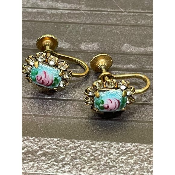 Vintage Antique Guilloche Enamel Rose Rhinestone Screw Back Earring Set - Picture 9 of 10